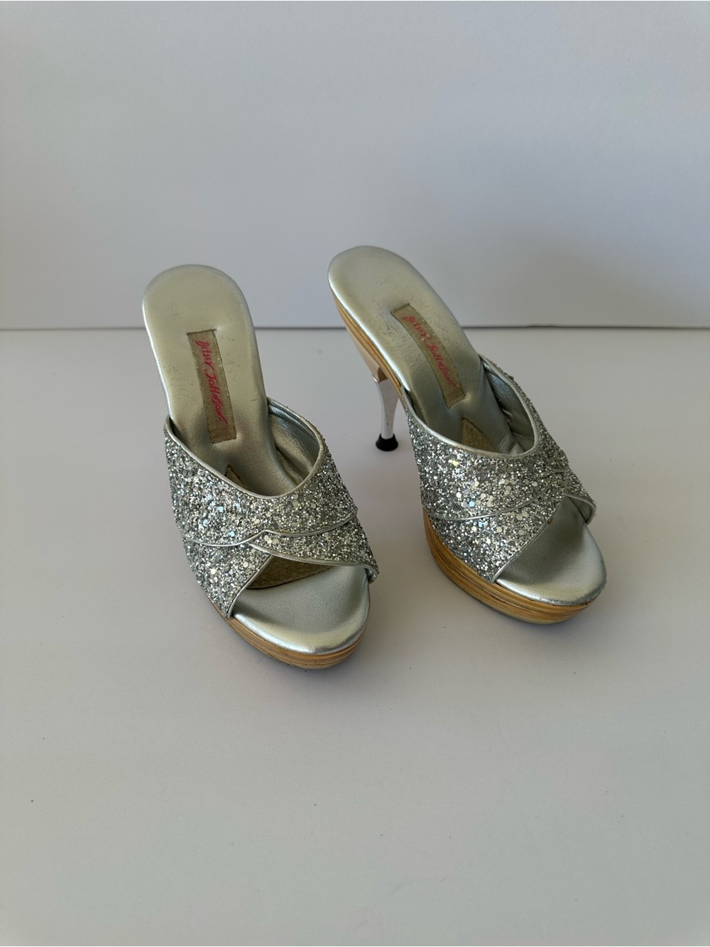 Betsey Johnson Silver Glitter Slide Mules